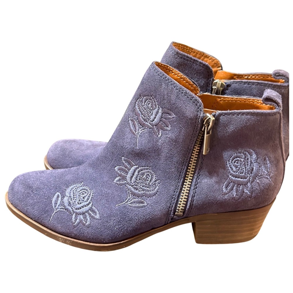 Lucky Brand Basel Booties Women 7M Blue Suede Floral Embroidered Ankle Boots
